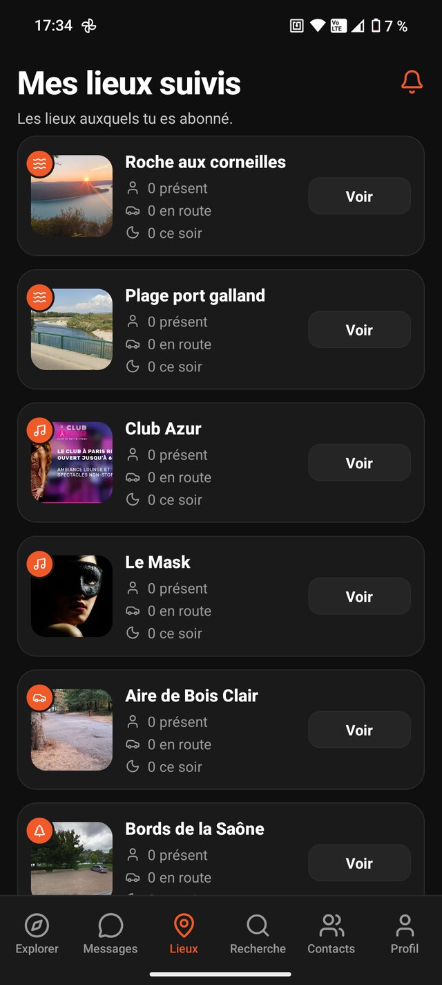 Application libertine PlaceUp — lieux libertins suivis, présence en direct (présents, en route, ce soir)